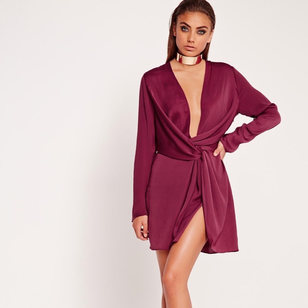 Satin Wrap Mini Dress Burgundy